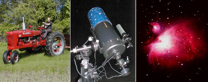  1949 Farmall M, Celestron CG-11 scope, and photo of M42 taken with the telescope.